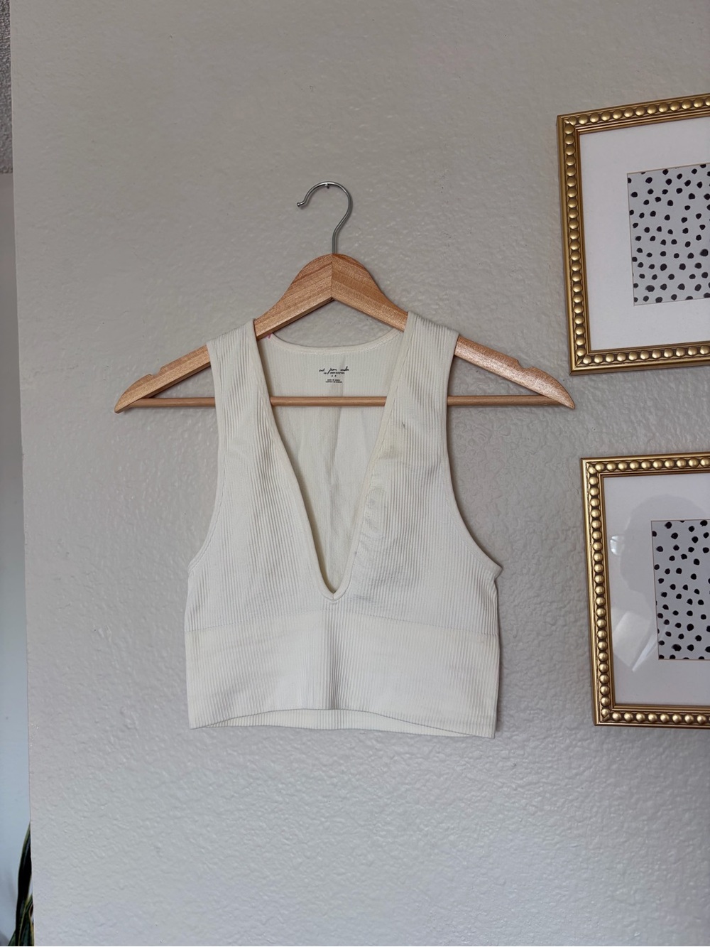 Urban Outfitters Cream Ribbed Deep V Crop Tank